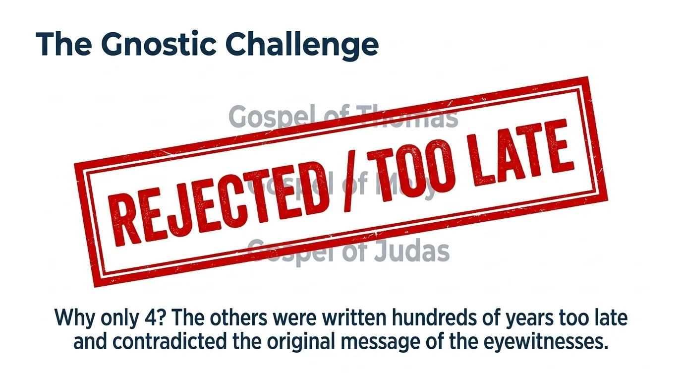 A REJECTED, too late stamp over the names of Gnostic gospels including the Gospel of Thomas, Mary, and Judas