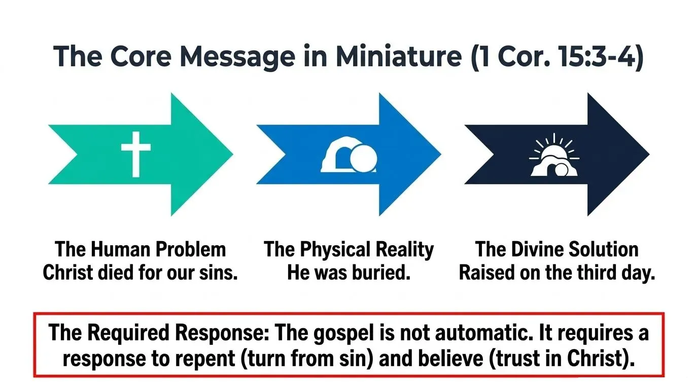 Diagram of the three core elements of the gospel from 1 Corinthians 15: Christ died for our sins, he was buried, he was raised on the third day