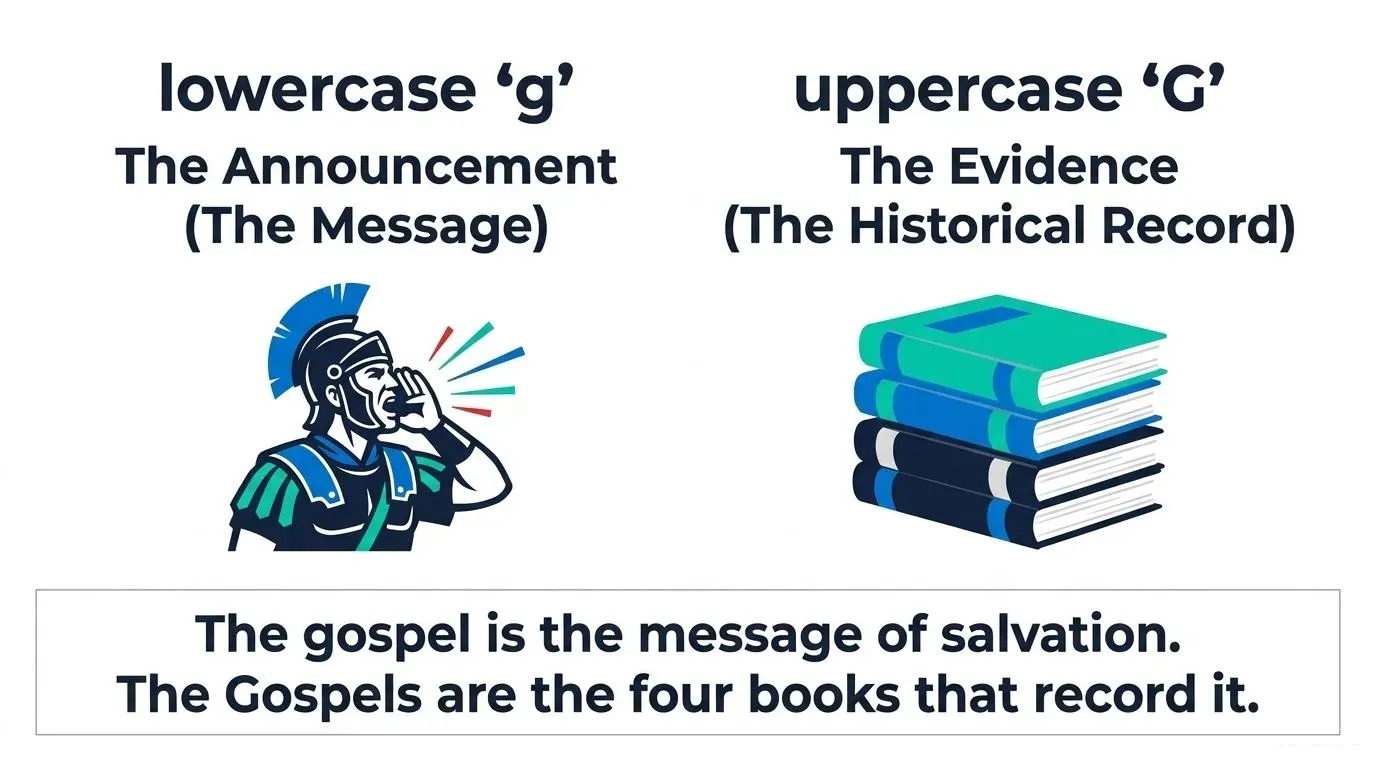 Comparison graphic showing the lowercase gospel as the announcement and message, versus the capitalized Gospels as the evidence and historical record