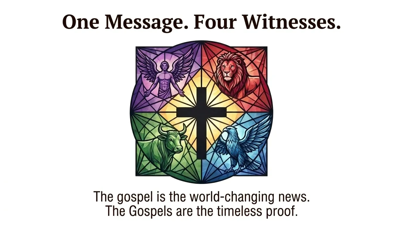 Stained glass style illustration of the four Gospel symbols, winged man, lion, ox, and eagle, surrounding a central cross